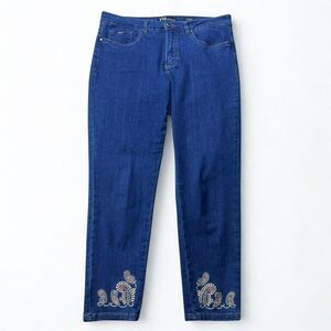 FDJ Olivia Slim Ankle Jeans Women 14 Dark Wash Paisley Mid Rise Embroidered Boho